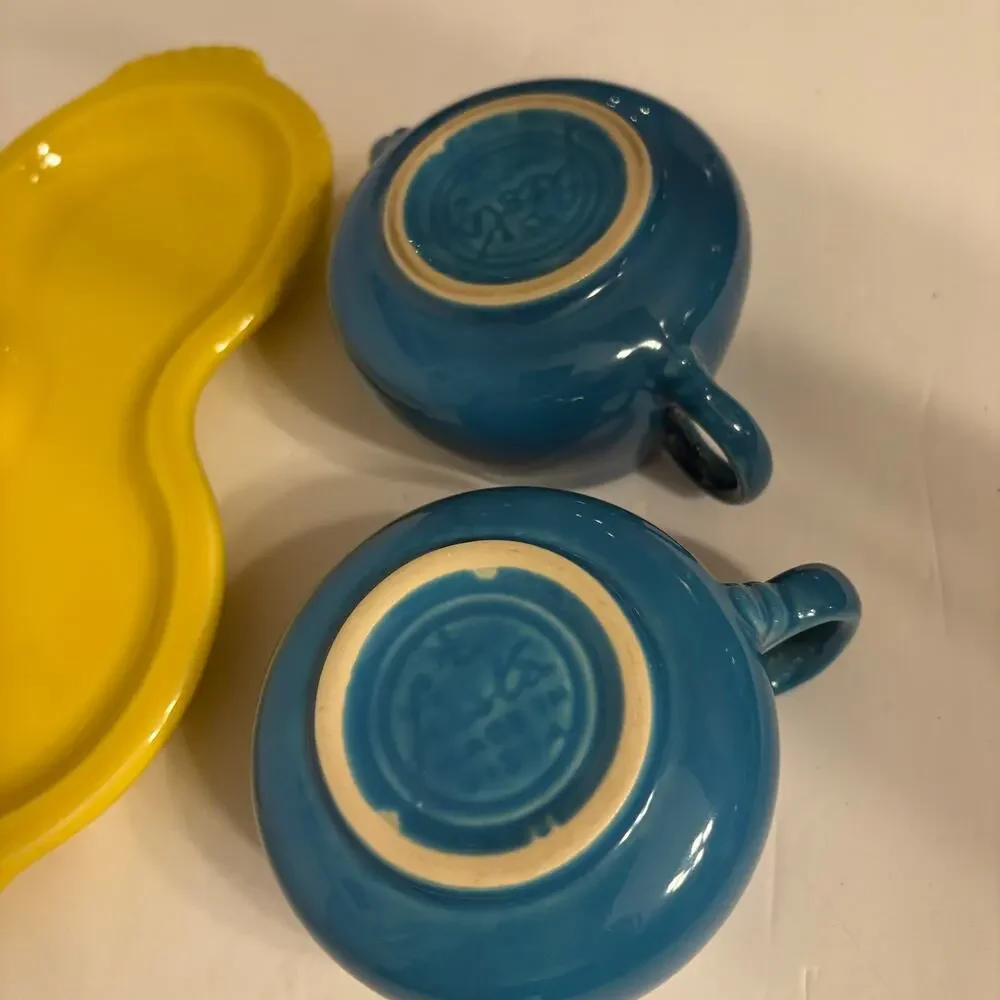Fiesta Fiestaware Sugar & Creamer Set w Figure 8 Tray Yellow & Blue Mix n Match